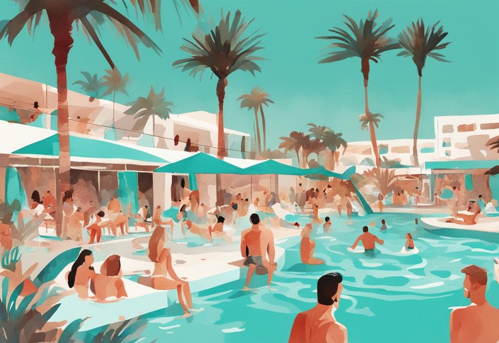 Minimalistisk akvarellillustration av Aqua Club Ayia Napa med människor som njuter av vattenrutschbanor, simbassänger och tropiska barer bland frodiga palmer.