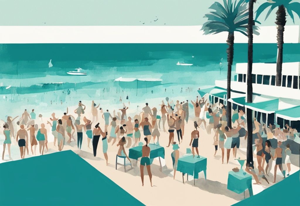 Minimalistisk akvarellillustration av ett livligt beach club Ayia Napa med dansande människor, en DJ som spelar musik och en fantastisk utsikt över det kristallklara Medelhavet.