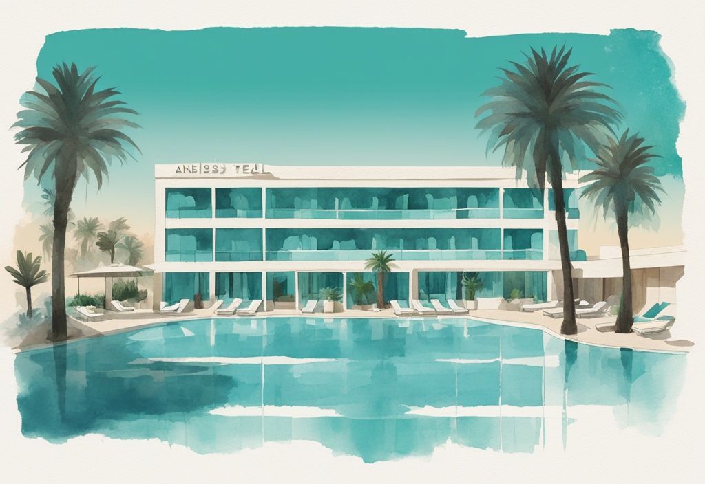 Minimalistisk akvarellillustration av Anesis Hotel i Ayia Napa med en inbjudande pool och omgivande palmer, huvudsakligen i teal färg.