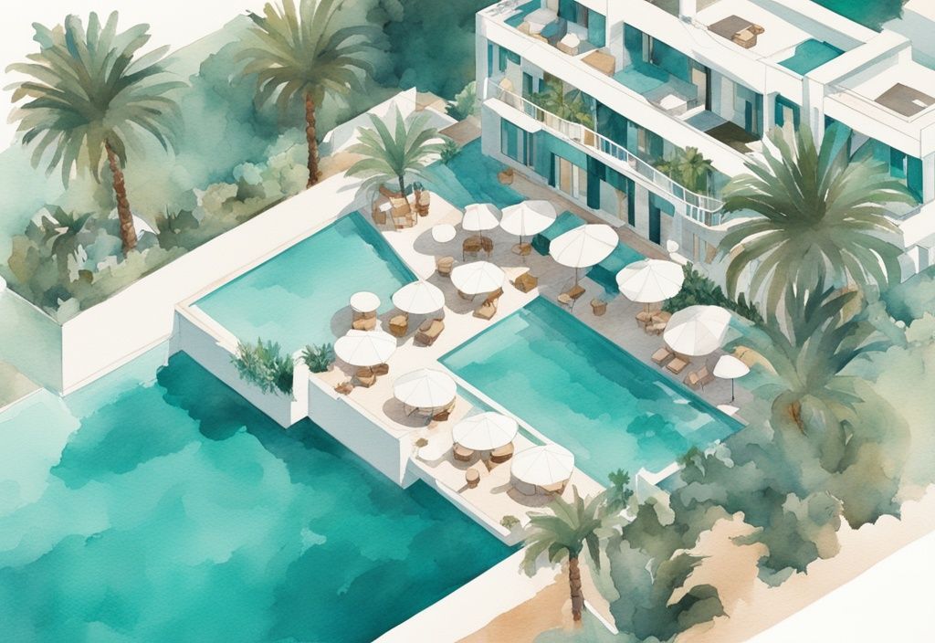 Minimalistisk akvarellillustration av Simos Magic Hotel Ayia Napa med magisk arkitektur, tropiska trädgårdar och närliggande orörd strand.