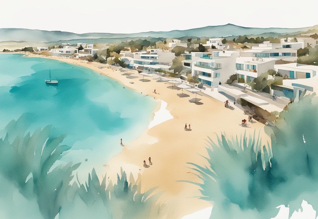 Minimalistisk akvarellillustration av Sandy Bay i Ayia Napa med gyllene sandstrand, turkost vatten och solbelyst blå himmel i teal färgtema.