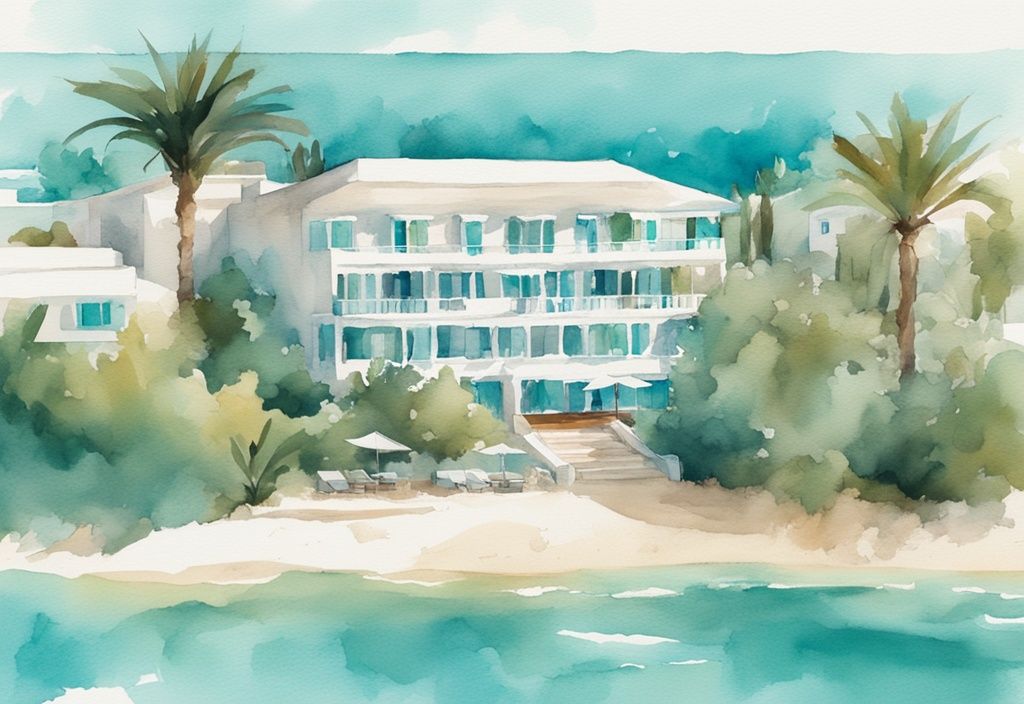 Minimalistisk akvarellillustration av Adams Beach Hotel Ayia Napa med utsikt över det blå havet och omgiven av grönska.