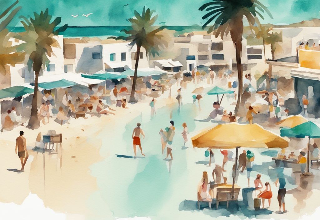 Minimalistisk akvarellillustration av en solig strand i Ayia Napa med turister som njuter av billiga fritidsaktiviteter och lokal gatumat, med färgtemat teal.