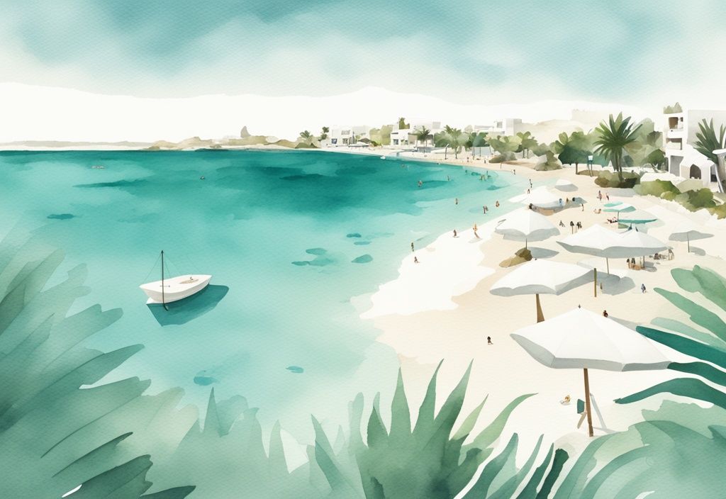 Minimalistisk akvarellillustration av Sungarden Beach Ayia Napa med vit sandstrand, blått vatten, parasoll och frodiga gröna trädgårdar.