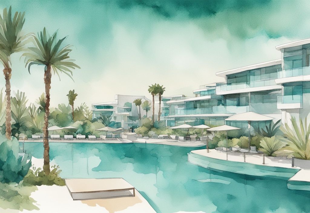 Minimalistisk akvarellillustration av Olympic Lagoon Resort Ayia Napa med framträdande arkitektur, frodig grönska och kristallklar lagunpool i teal färgtema.