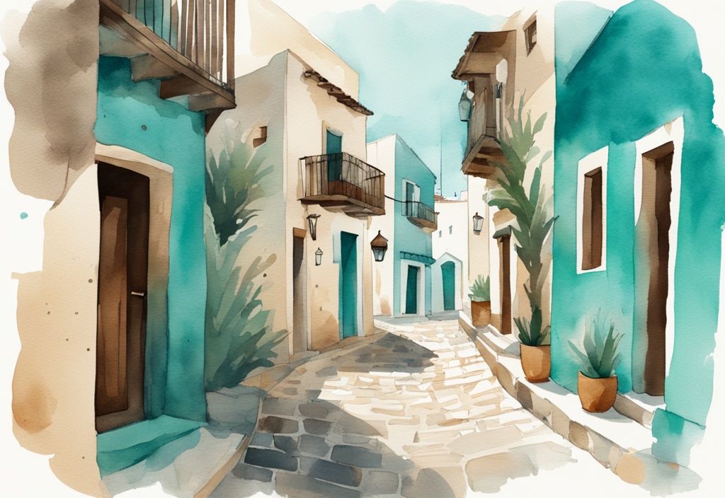 Minimalistisk akvarellillustration av Ayia Napa Old Town med smala kullerstensgator, traditionella cypriotiska hus och rustika tavernor i en teal färgpalett.