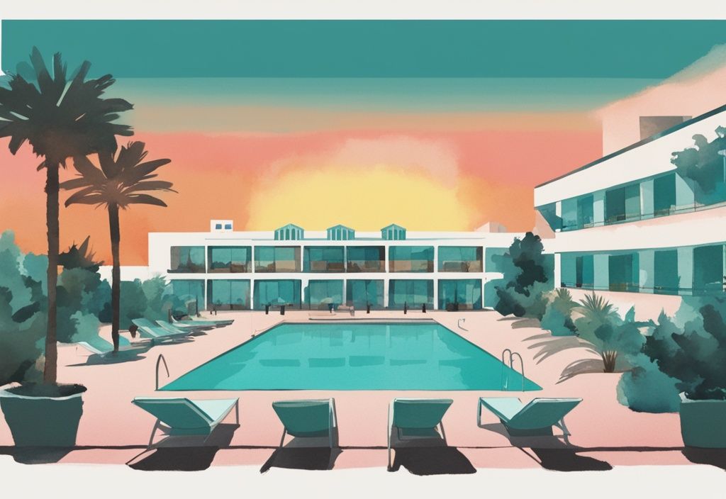 Minimalistisk akvarellillustration av Pavlinia Hotel Ayia Napa med omgivande trädgårdar och poolområde vid solnedgången.