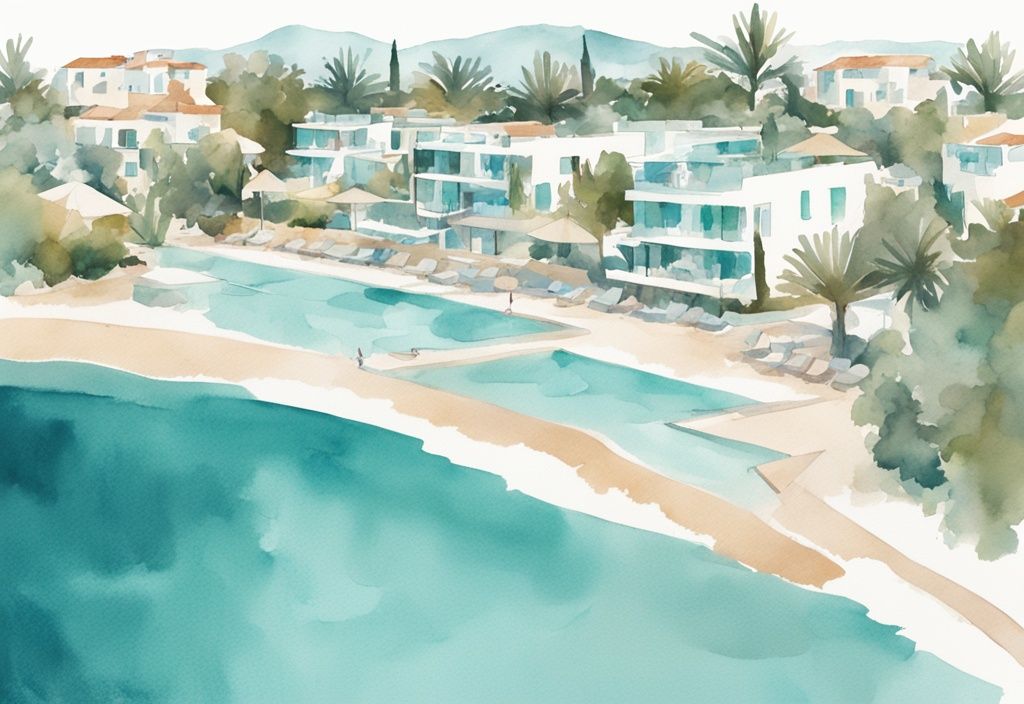 Minimalistisk akvarellillustration av Atlantica Mare Village Ayia Napa med strandvillor, stora pooler och frodiga trädgårdar mot Medelhavet.