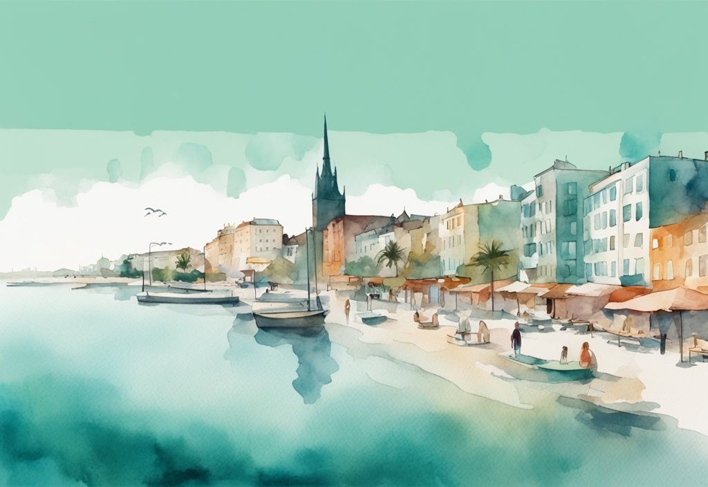 Minimalistisk akvarellillustration som visar en delad bild av Stockholms livliga stadsliv och Ayia Napas lugna strandscen, med huvudfärgen teal.