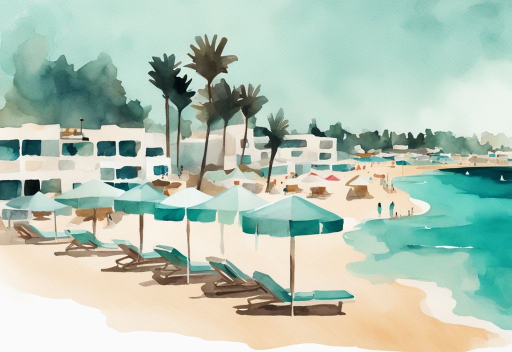 Minimalistisk akvarellillustration av Ayia Napa strand i juni med klara vatten, solstolar och färgglada parasoller, med huvudfärgen teal.