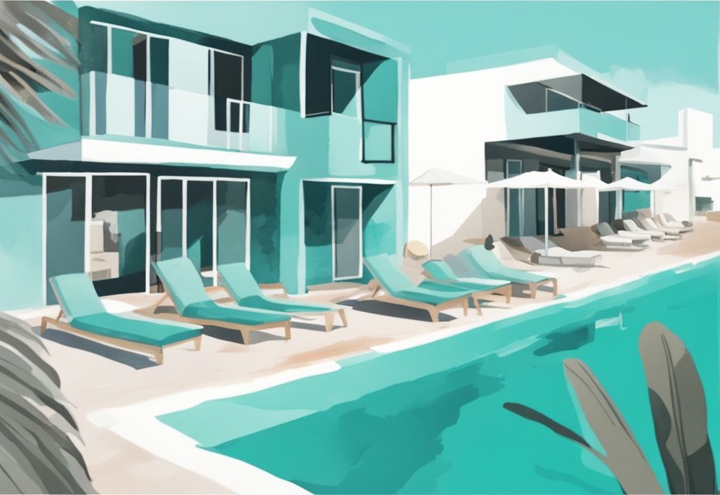 Minimalistisk akvarellillustration av ett modernt Airbnb Ayia Napa-boende, omgivet av nattliv och vackra stränder.