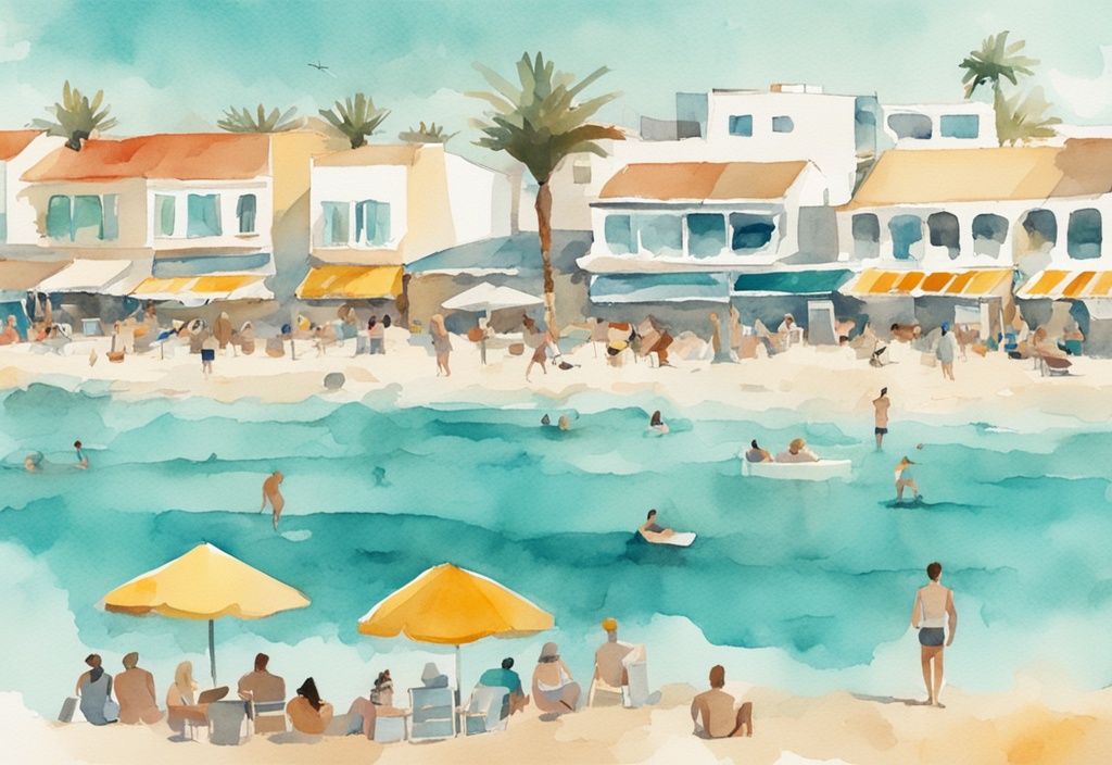 Minimalistisk akvarellillustration av en solig strand i Ayia Napa med turister som njuter av billiga fritidsaktiviteter och lokal gatumat, i en färgpalett dominerad av teal.