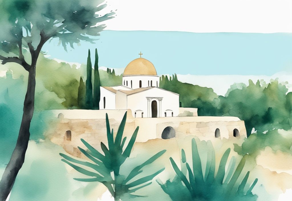 Minimalistisk akvarellillustration av Ayia Napa Monastery omgivet av frodig grönska under en klar medelhavshimmel.