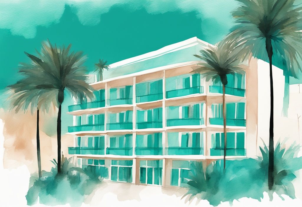 Minimalistisk akvarellillustration av Stamatia Hotel i Ayia Napa med teal färgtema, omgiven av frodiga palmer under strålande sol.