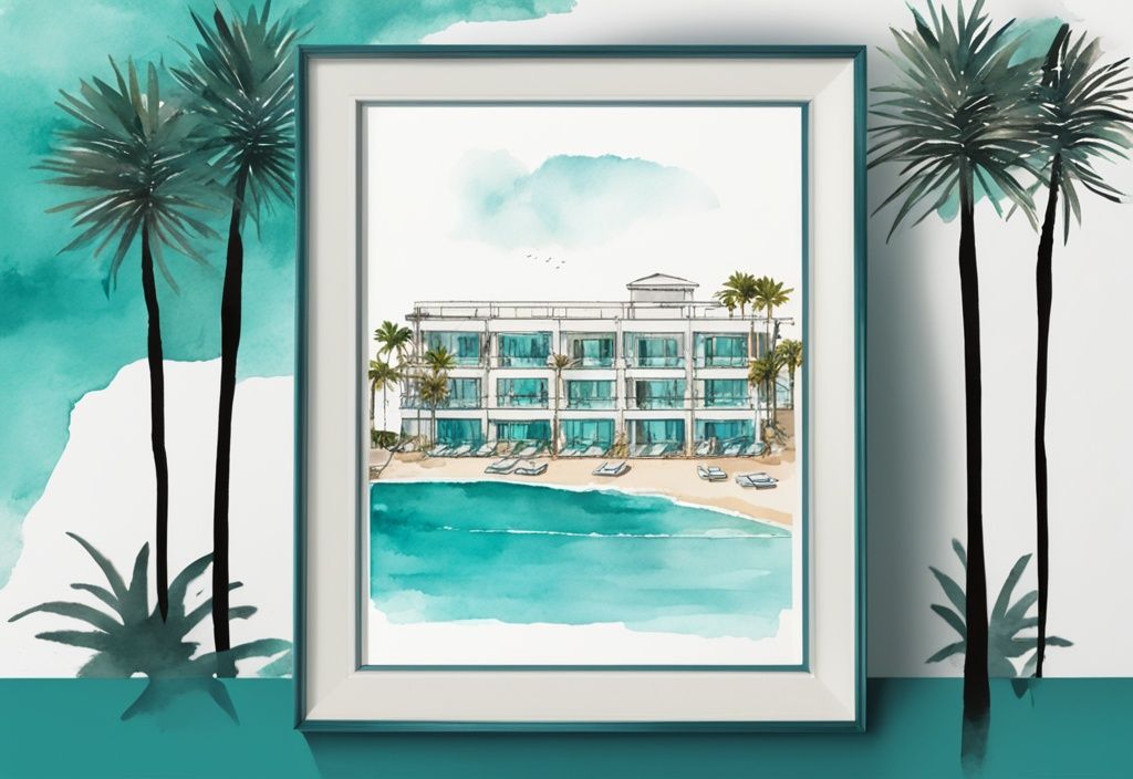 Minimalistisk akvarellillustration av Adams Beach Hotel i Ayia Napa, omgiven av palmer och Medelhavet i bakgrunden, med huvudfärgen teal.