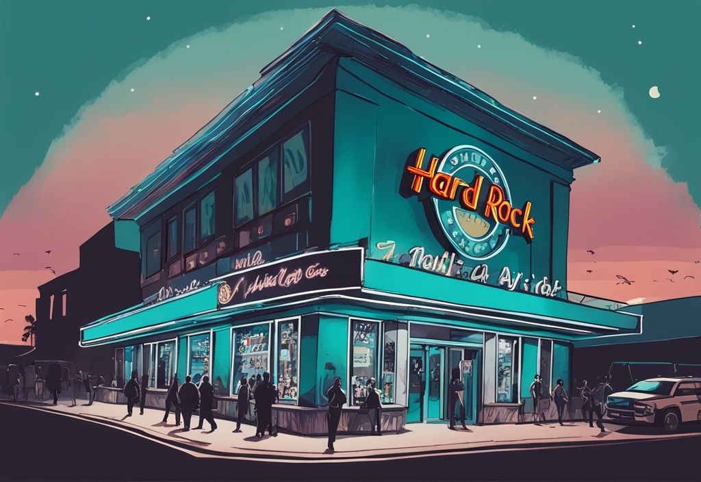 Minimalistisk akvarellillustration av Hard Rock Cafe i Ayia Napa med neonskyltar, folkmassor och den ikoniska gitarrlogotypen mot natthimlen, med en färgpalett i teal.