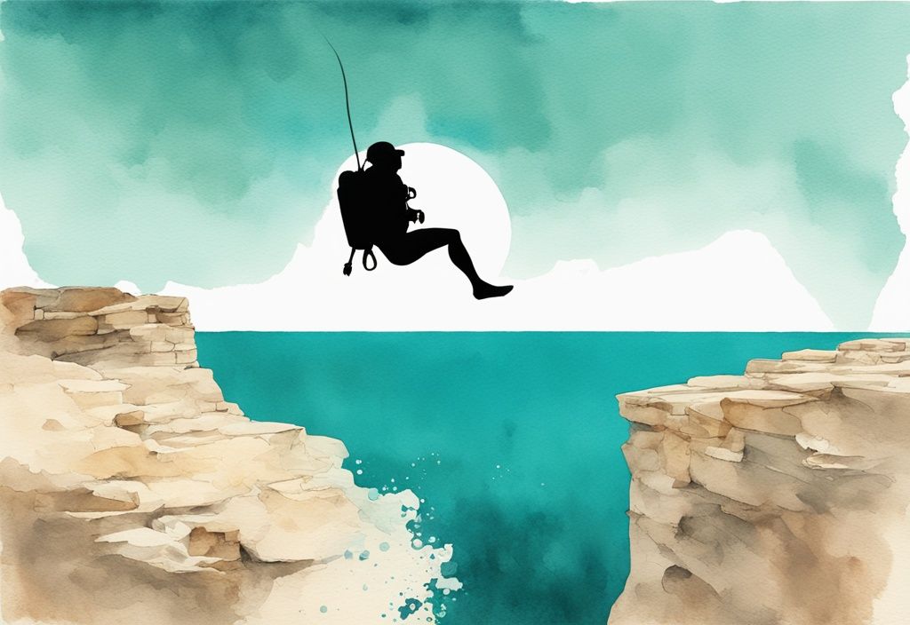 Minimalistisk akvarellillustration av en djärv dykare som hoppar från en klippa i Ayia Napa i motljus av solen mot kristallblått vatten. Nyckelord: cliff jumping ayia napa.