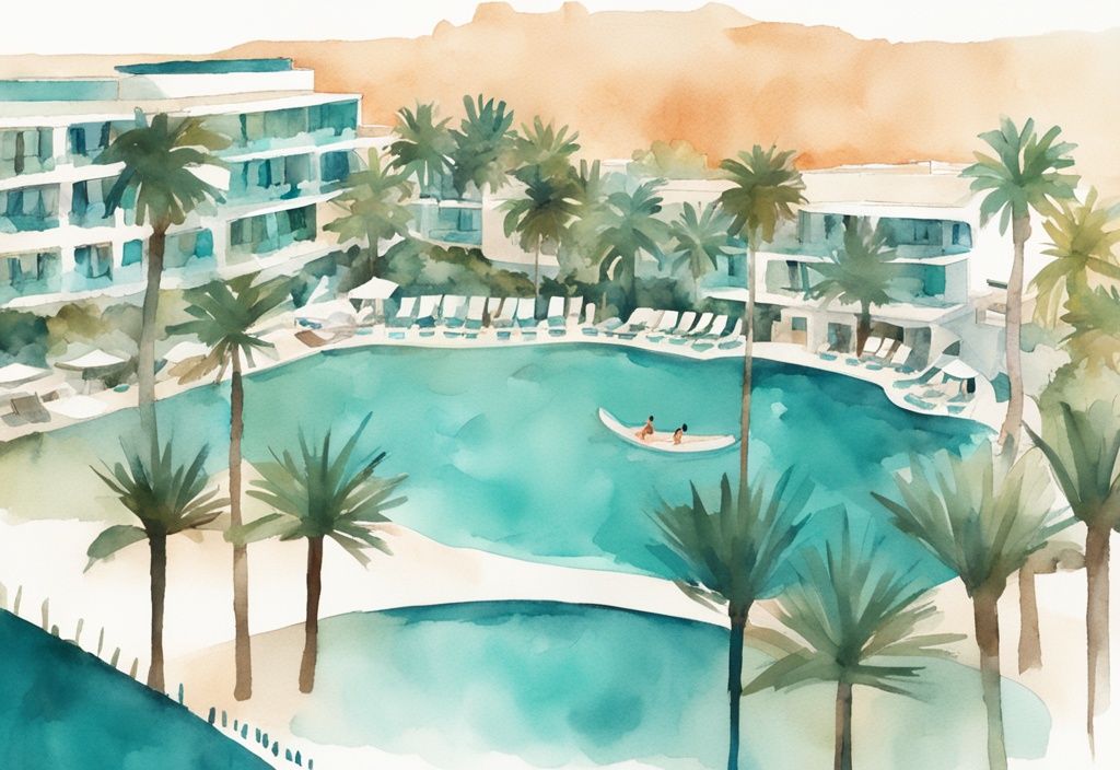 Minimalistisk akvarellillustration av Olympic Lagoon Resort Ayia Napa med teal färgtema, frodiga palmer, inbjudande pooler och glittrande Medelhavet i bakgrunden.