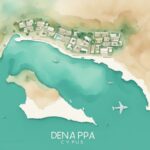 Minimalistisk akvarellillustration i teal som visar en högkvalitativ karta med Ayia Napa, en populär turistdestination i Cypern, markerad och tydligt angiven - vart ligger ayia napa.