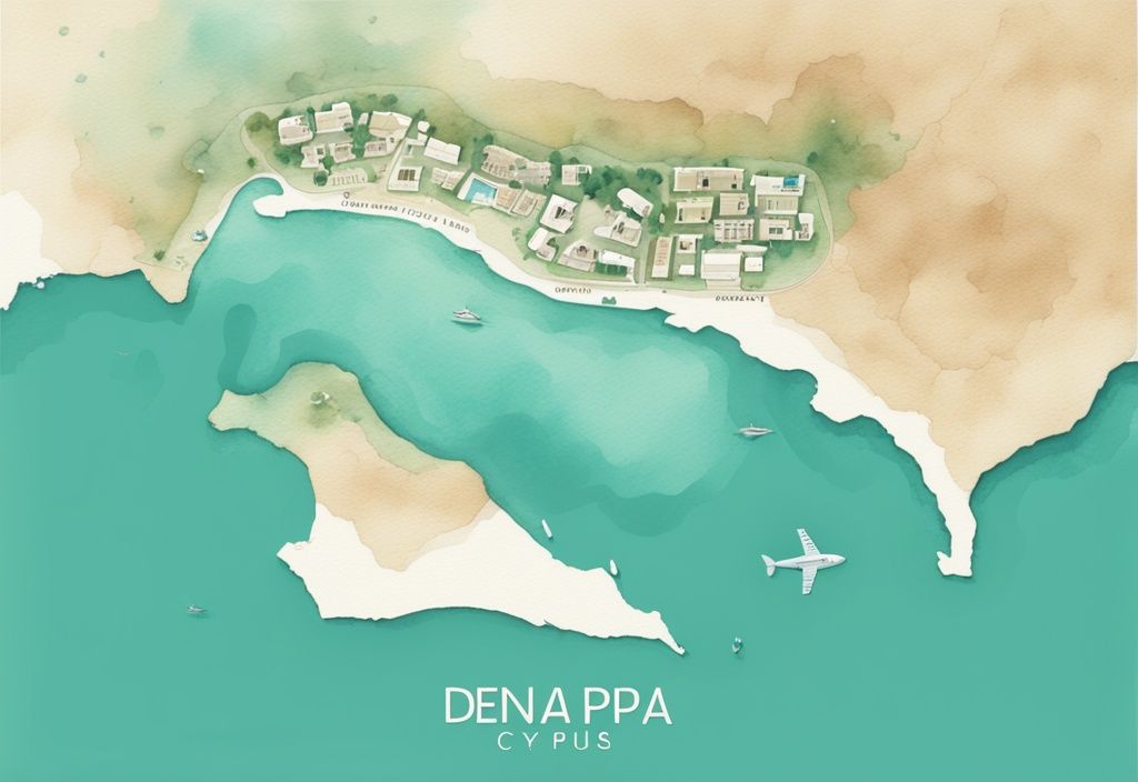 Minimalistisk akvarellillustration i teal som visar en högkvalitativ karta med Ayia Napa, en populär turistdestination i Cypern, markerad och tydligt angiven - vart ligger ayia napa.