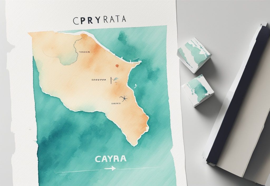 Minimalistisk akvarellillustration i teal som visar avståndet mellan de cypriotiska turistmålen Protaras och Ayia Napa.