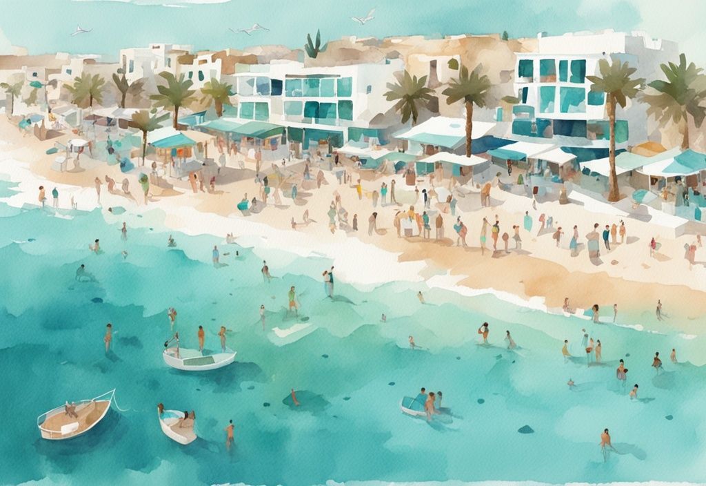 Minimalistisk akvarellillustration av Ayia Napa sevärdheter med turister på stränder och festplatser, dominerande färgtema i teal.