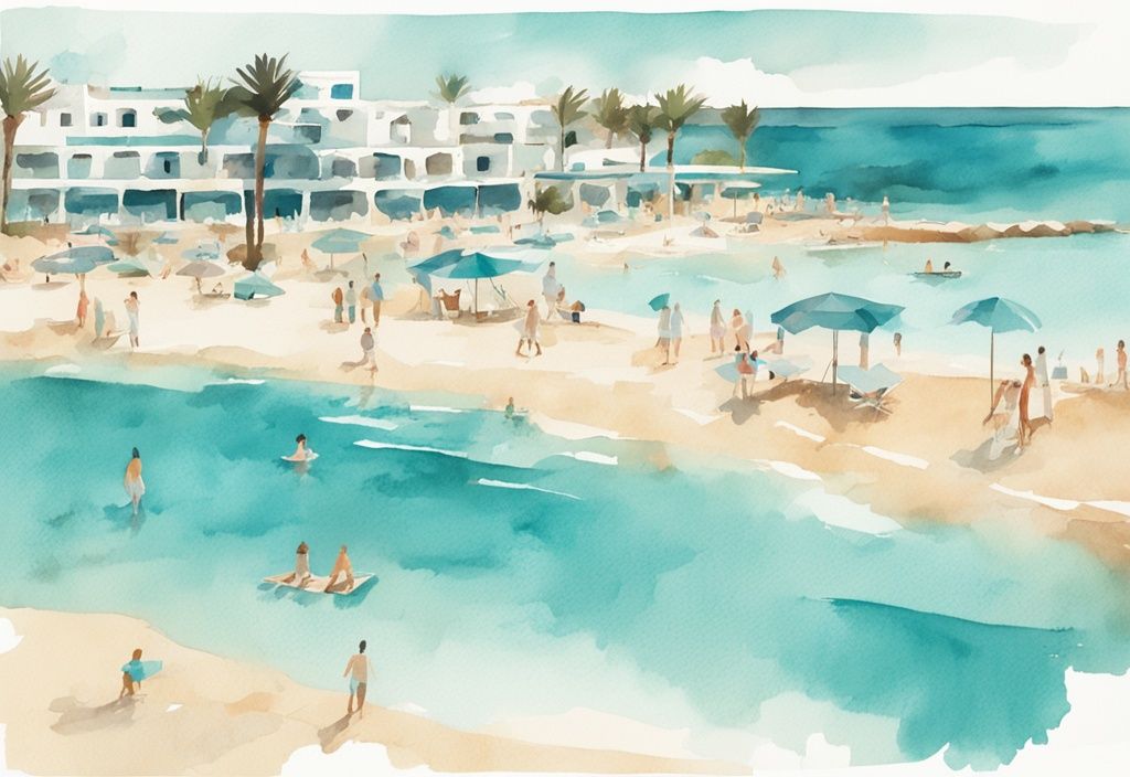 Minimalistisk akvarellillustration av Aktea Ayia Napa strandresort med turkost tema, solbelysta stränder, klart blått vatten och livliga turister som njuter av sommaren.