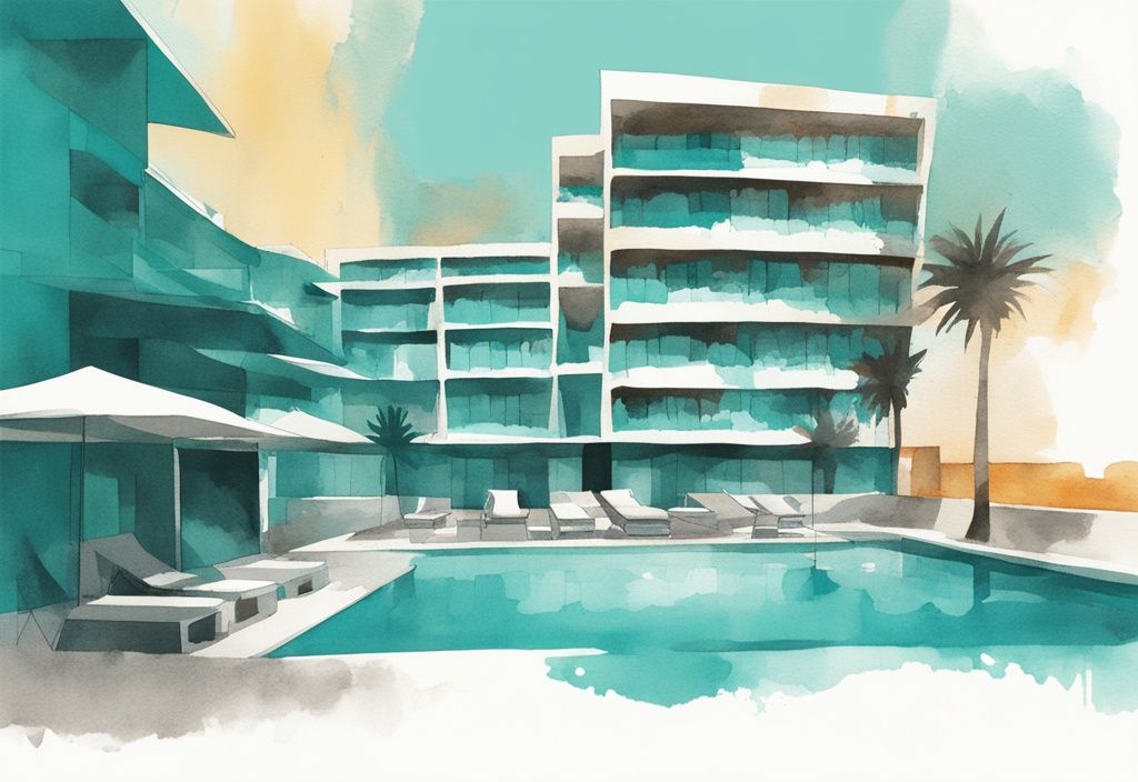 Minimalistisk akvarellillustration av Liquid Hotel Apartments Ayia Napa med modern arkitektur, lyxiga faciliteter och vacker omgivning i varmt solljus, med teal som huvudfärg.