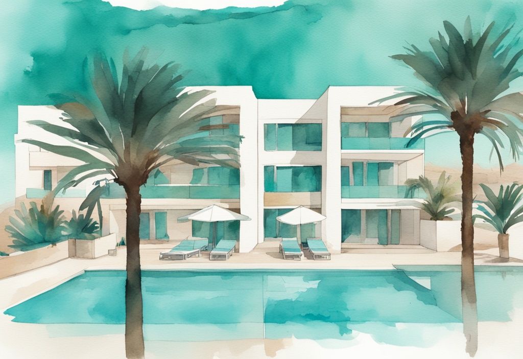 Minimalistisk akvarellillustration av en modern lyxresort i Ayia Napa med palmer runt poolområdet och Medelhavets turkosa vatten i bakgrunden.