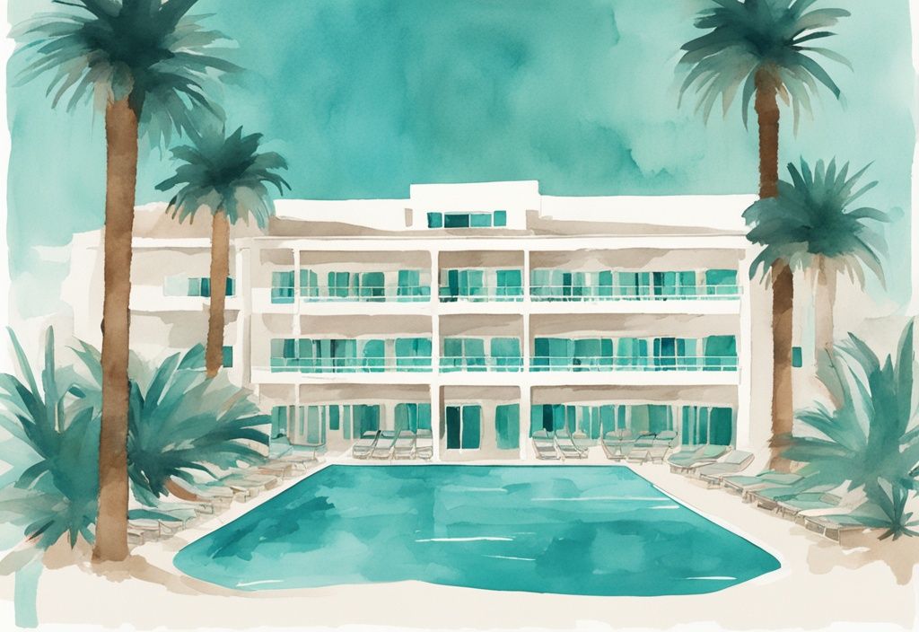 Minimalistisk akvarellillustration av Anesis Hotel i Ayia Napa med huvudtema i teal, visar den storslagna entrén, inbjudande poolen och omgivande palmer.