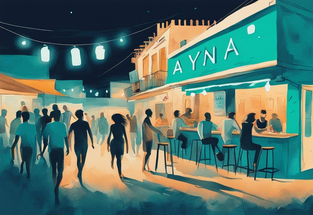 Minimalistisk akvarellillustration av Ayia Napa Bar Street med människor som njuter av drinkar, neonljus och musik från pubarna.