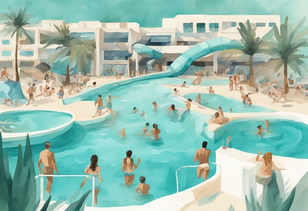 Minimalistisk akvarellillustration av en spännande dag på WaterWorld Ayia Napa med familjer som njuter av olika vattenrutschbanor och pooler, med antik grekisk dekoration i bakgrunden.