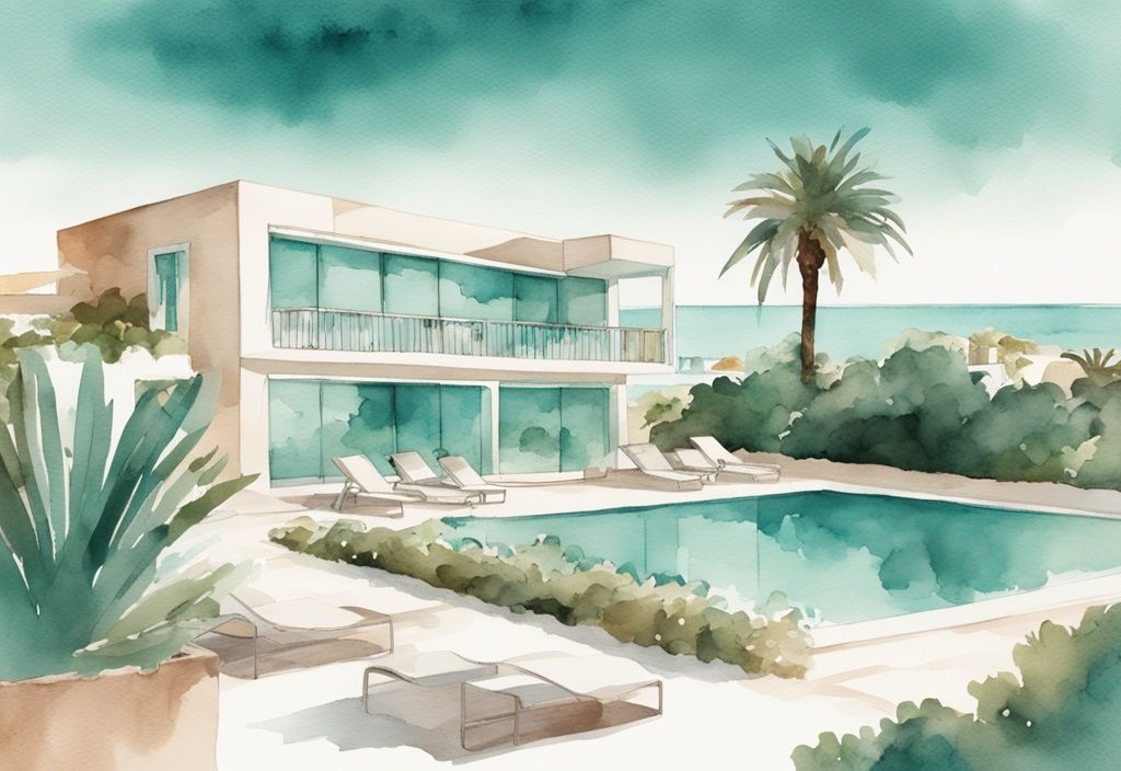 Minimalistisk akvarellillustration av Melpo Antia Ayia Napa med arkitektur, frodiga trädgårdar och inbjudande pool under Cyperns himmel i teal färgtema.