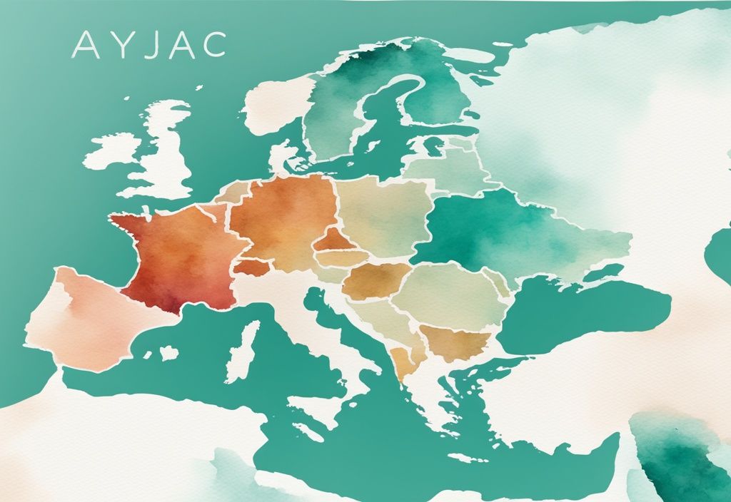 Minimalistisk akvarellillustration av en karta över Europa med en färgglad markör på Ayia Napa, Cypern, i huvudfärgen teal.