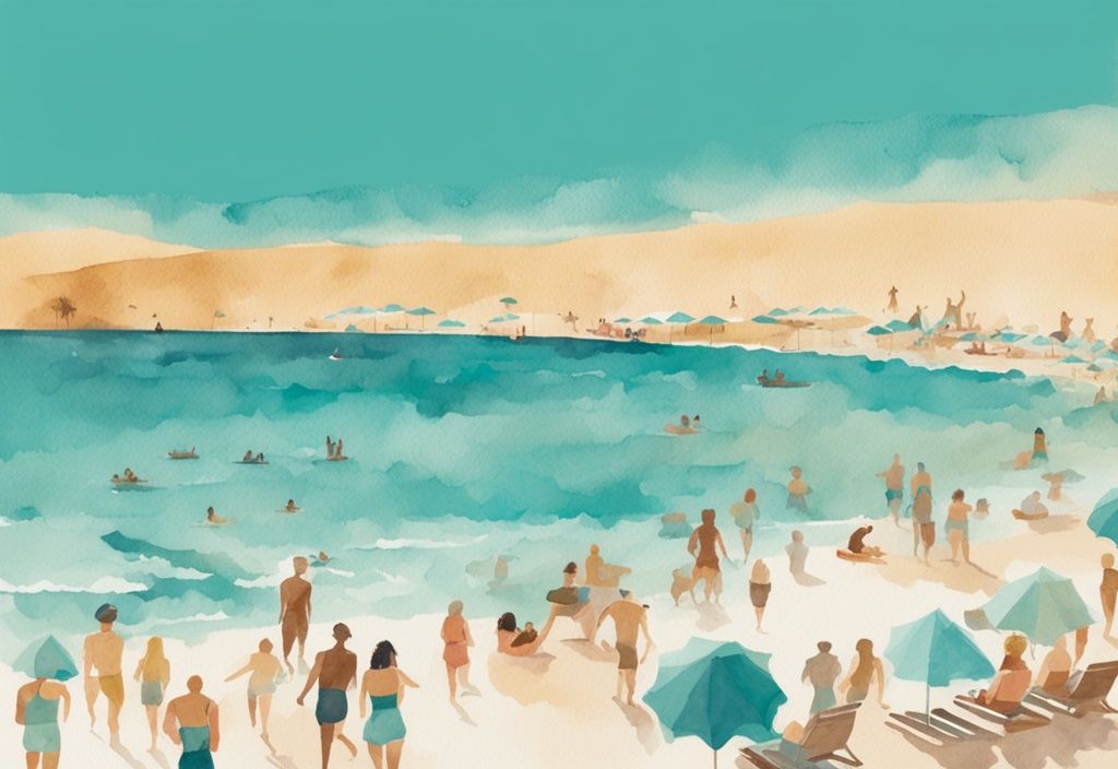 Minimalistisk akvarellillustration av en livlig klubbscen på en sandig strand i Ayia Napa med turkost blått vatten, solstolar och en livlig folkmassa som njuter av havsbrisen.