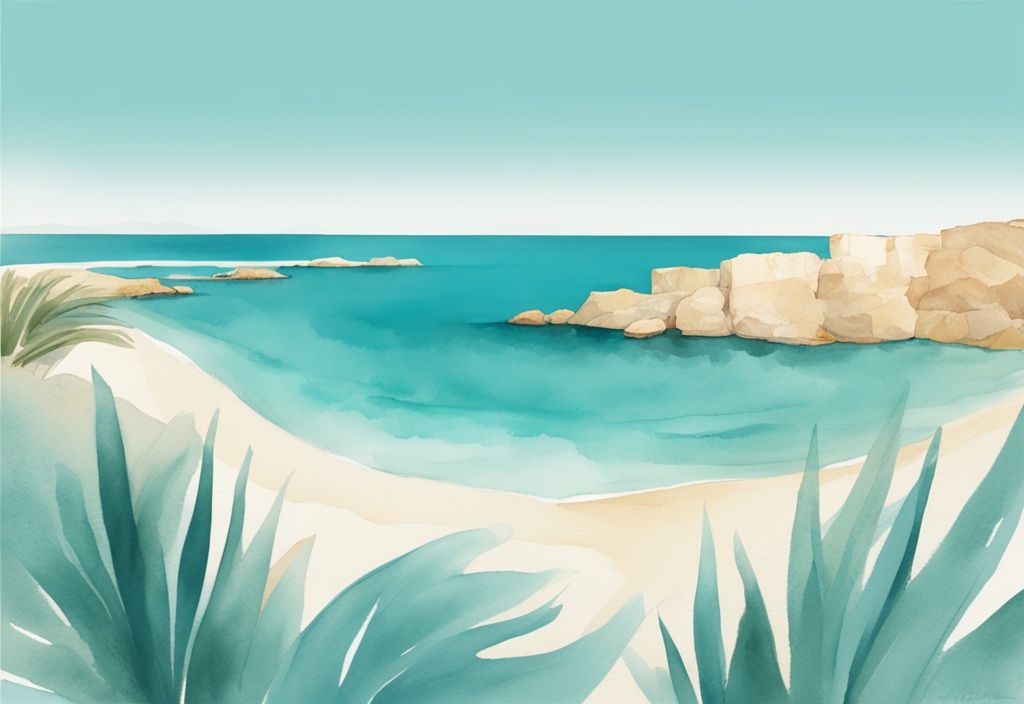 Minimalistisk akvarellillustration av Nelia Beach i Ayia Napa med kristallklart blått vatten, gyllene sand och frodig natur.