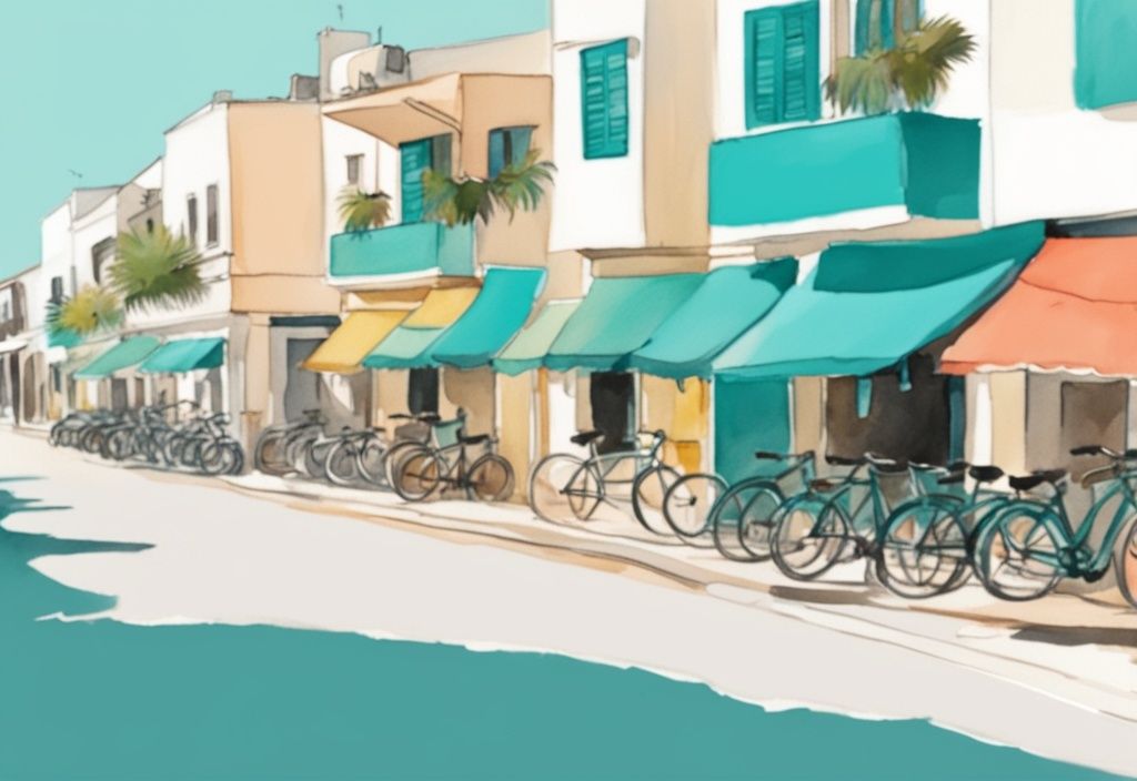 Minimalistisk akvarellillustration av en livlig gata i Ayia Napa med välskötta hyrda cyklar framför färgglada butiker, hyra cykel ayia napa.