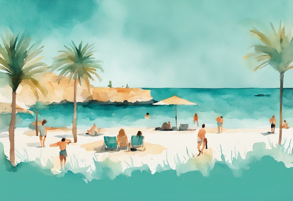 Minimalistisk akvarellillustration av en solig strandscen i Ayia Napa i maj, med människor som njuter av det varma, klara vädret; väder ayia napa maj.