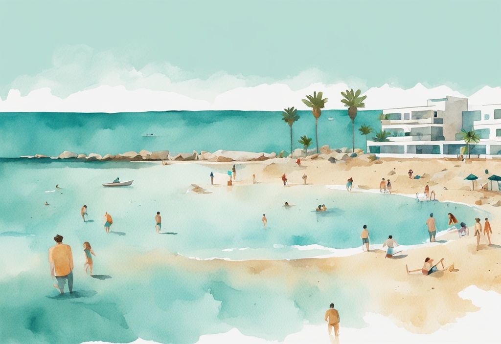 Minimalistisk akvarellillustration av en solig dag i Ayia Napa, Cypern i april med människor som njuter av stranden och klarblå himmel i bakgrunden, färgtema i teal.