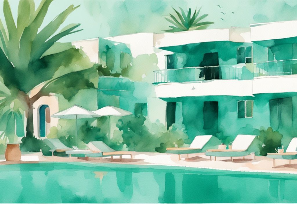 Minimalistisk akvarellillustration av Pavlinia Hotel i Ayia Napa med teal färgtema, grönskande omgivning, pittoresk arkitektur och människor som kopplar av vid poolområdet.