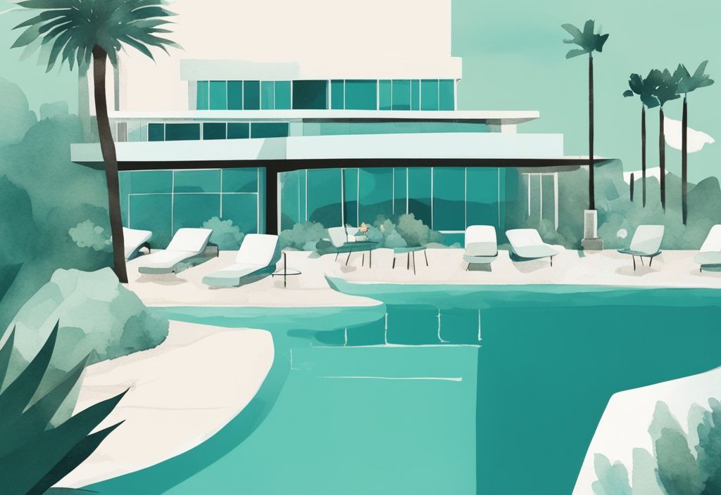 Minimalistisk akvarellillustration av River Rock Hotel i Ayia Napa med modern arkitektur, grönskande omgivningar och en glittrande blå pool i förgrunden.