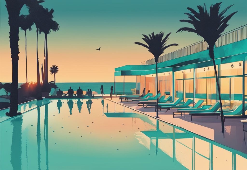 Minimalistisk akvarellillustration av Margadina Hotel i Ayia Napa med glödande poolområde vid solnedgång, silhuetter av palmer och gäster som njuter av sin semester.