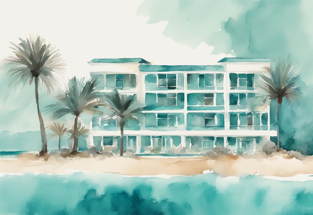 Minimalistisk akvarellillustration av Anmaria Beach Hotel i Ayia Napa med teal färgtema, omgiven av palmer, strand och glittrande hav.