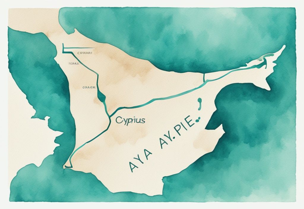 Minimalistisk akvarellillustration som visar en karta över Cypern med rutt och avstånd Protaras Ayia Napa i teal färg.