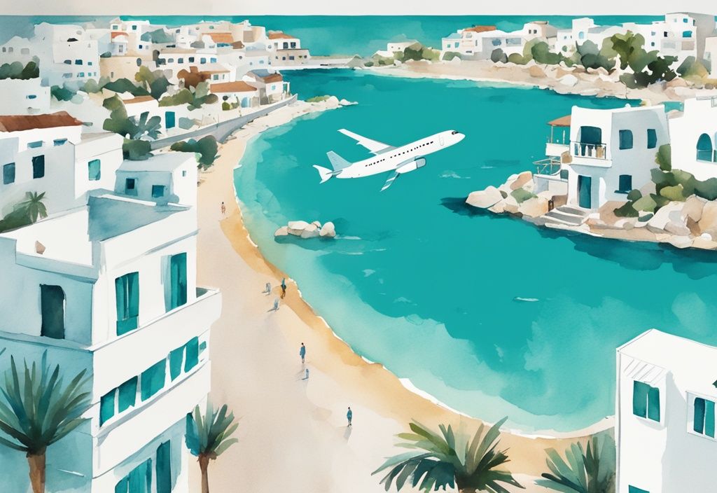 Minimalistisk akvarellillustration med flyg till Ayia Napa, Cypern, visar ett flygplan i himlen över den vackra kuststaden och dess klara blå vatten.