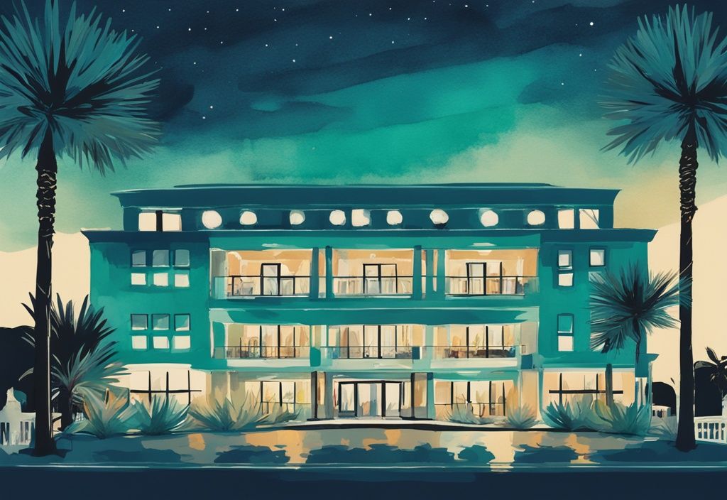 Minimalistisk akvarellillustration av Napa Plaza Hotel i Ayia Napa, upplyst mot natthimlen och omgiven av palmer, med en färgtema i teal.