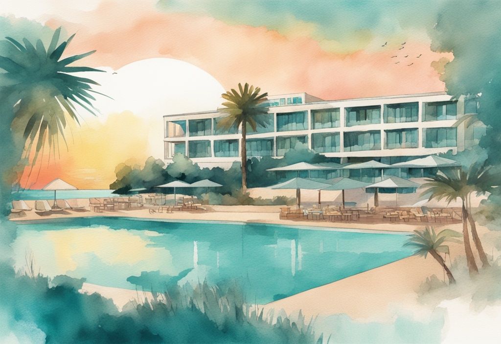 Minimalistisk akvarellillustration av Eligonia Ayia Napa hotell omgiven av frodig grönska och utsikt över en livlig strand vid solnedgången, med huvudfärgen teal.