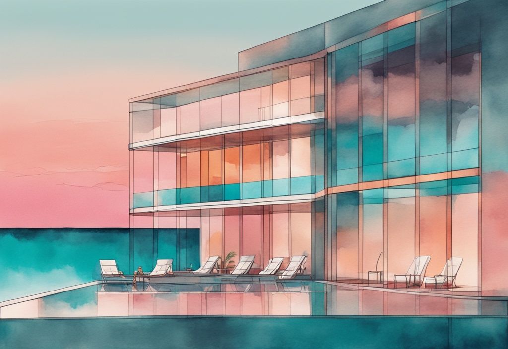 Minimalistisk akvarellillustration av lyxhotell i Ayia Napa vid skymning, med teal färgtema, speglande solnedgångens rosa och orange nyanser på glasfasaden, och azurblå Medelhavet i bakgrunden.