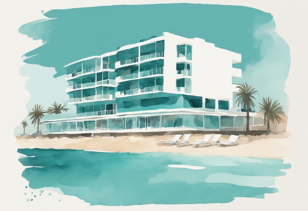 Minimalistisk akvarellillustration av Anonymous Beach Hotel i Ayia Napa med teal färgtema, beläget vid kusten med vågor som når den sandiga stranden.