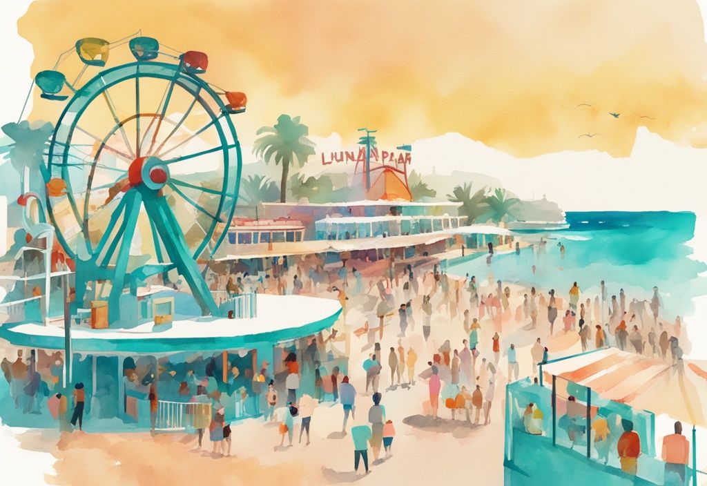 Minimalistisk akvarellillustration av Luna Park Ayia Napa med livliga nöjesattraktioner, glada besökare och en vacker Medelhavsutsikt i teal färgtema.